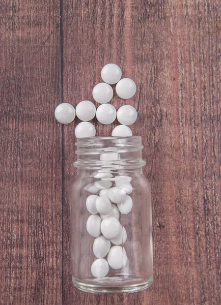 Pills Glass Bottle Wooden Background — Stock Photo, Image