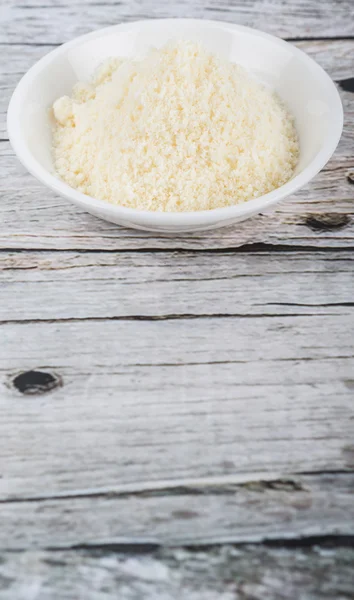 Grated Cheese White Bowl Wooden Background — Stock Photo, Image