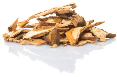 Beyaz arka plan üzerinde beyaz bir kase Porcini mantar kurutulmuş