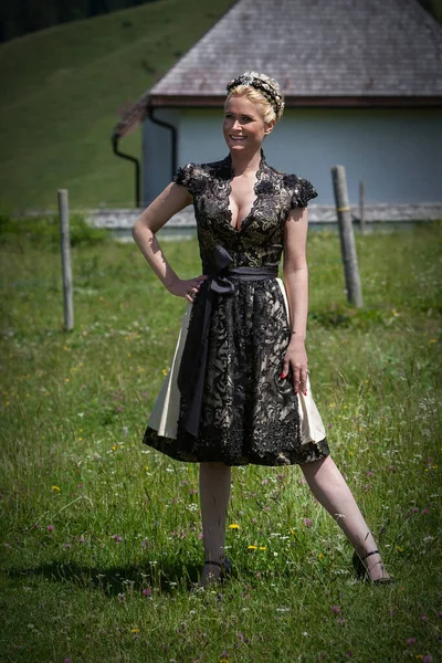 Blonde Woman Black Designer Lace Dirndl Mountain Meadow — Stock Photo, Image