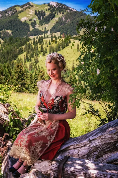 Retrato Mulher Romântica Dirndl Com Penteado Elaborado Segurando Flor Mão — Fotografia de Stock