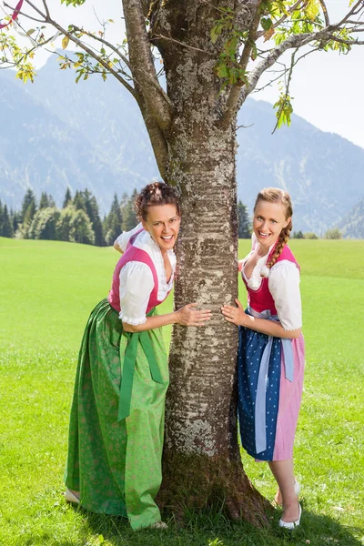 Two smiling women in dirndl hold on to a tree. — Stock Photo, Image
