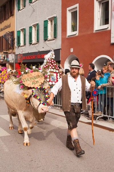 Kufstein / Áustria / Tirol-19 de setembro: agricultor com c decorado — Fotografia de Stock