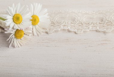 Papatya çiçekler ve dantel ahşap üzerine