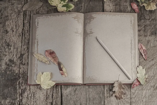 Cuaderno sobre mesa de madera decorado con hojas de otoño — Foto de Stock