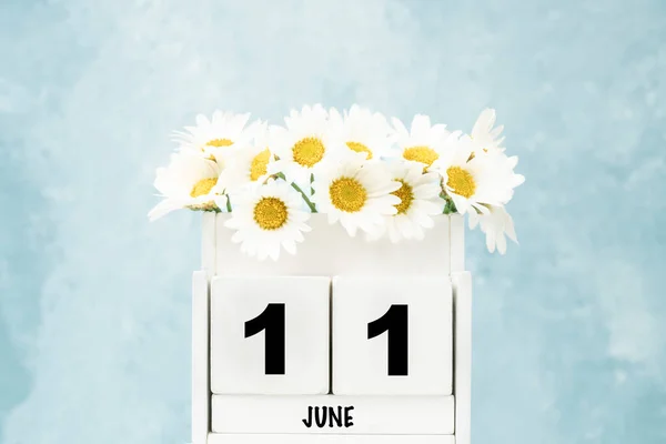Calendario Cubos Blancos Para Junio Con Flores Margarita Sobre Fondo — Foto de Stock