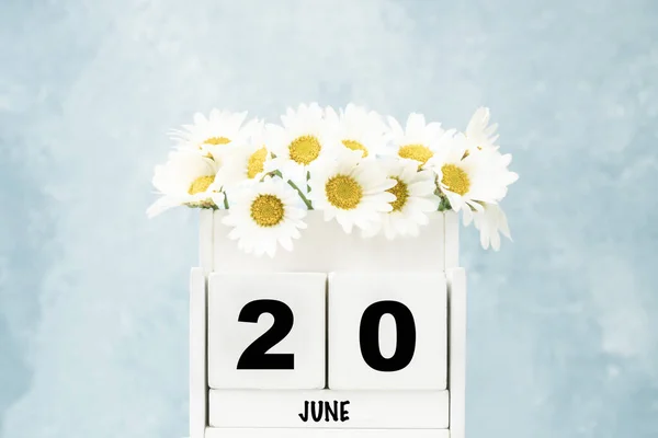 White Cube Kalender Für Juni Mit Gänseblümchen Blumen Auf Blauem — Stockfoto