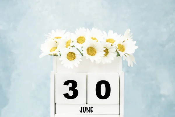 Calendario Cubos Blancos Para Junio Con Flores Margarita Sobre Fondo —  Fotos de Stock
