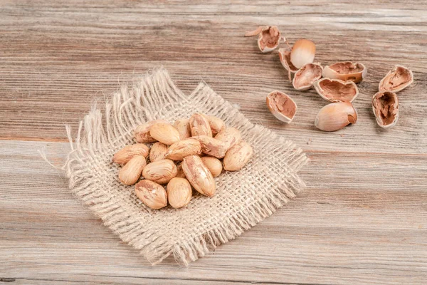Pile Hazelnuts Wooden Table Copy Space — Stock Photo, Image