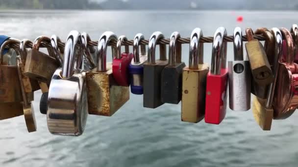 Bled Slovenia April 2019 Hanged Love Locks Fence Bled Lake — Stock videók