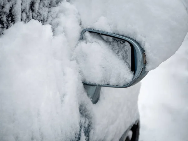 Rétroviseur Vitre Voiture Recouverts Neige Fraîche Après Une Chute Neige — Photo