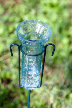 Yeşil arka planda yağmurdan sonra yağmur ölçer ile meteoroloji
