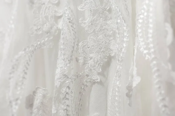 Delicate White Wedding Dress Fabric Detail Close Lace Stitching Embroidery — Stock Photo, Image