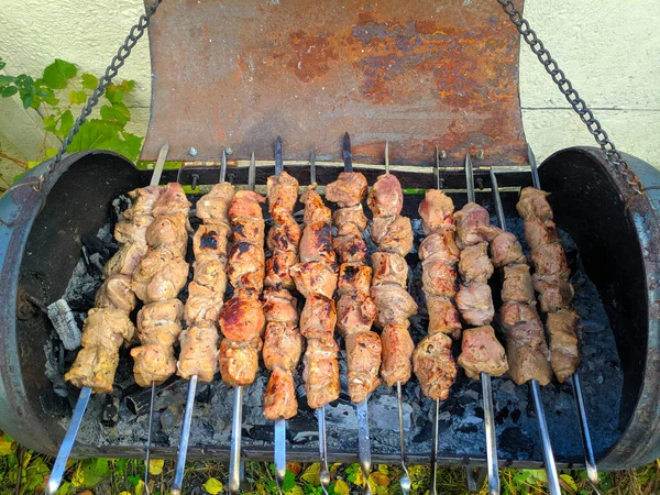 Faszén Főzés Kebab Barbecue Zaftos Ízletes Húsdarabok — Stock Fotó
