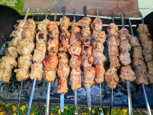 Уголь Приготовления Пищи Кебаб Барбекю Сочные Вкусные Куски Мяса — стоковое фото