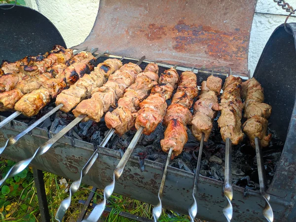 Уголь Приготовления Пищи Кебаб Барбекю Сочные Вкусные Куски Мяса — стоковое фото