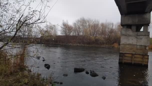 Осінній Пейзаж Річкою Порожній Пляж Взимку Вода Каміння — стокове відео