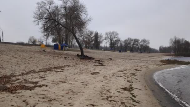 Őszi Táj Folyóval Üres Strand Télen Víz Kövek — Stock videók