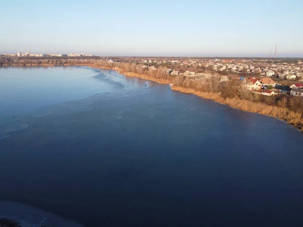 Зимовий Пейзаж Висоти Морозне Повітря Лід Річці Річка Взимку Зверху — стокове фото