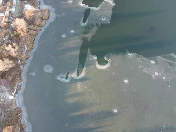 Зимний Пейзаж Высоты Холодный Воздух Лед Реке Река Зимой Сверху — стоковое фото