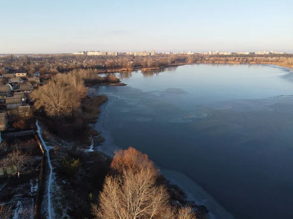 Paisaje Invierno Desde Una Altura Aire Helado Hielo Río Río —  Fotos de Stock