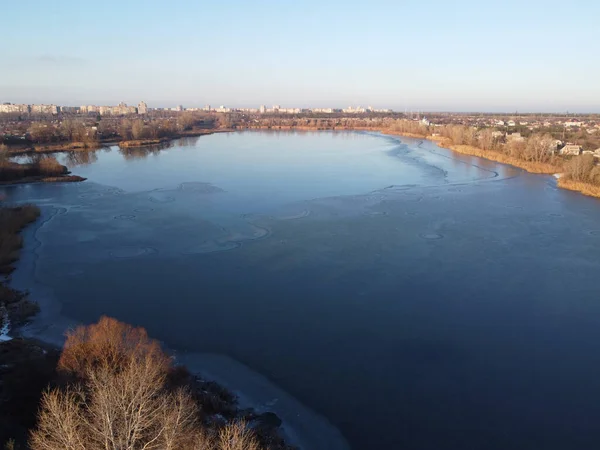 Paisaje Invierno Desde Una Altura Aire Helado Hielo Río Río — Foto de Stock