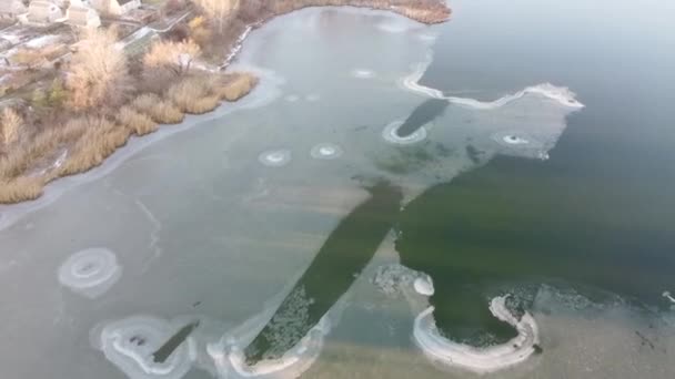 Paisaje Invierno Desde Una Altura Aire Helado Hielo Río Río — Vídeos de Stock