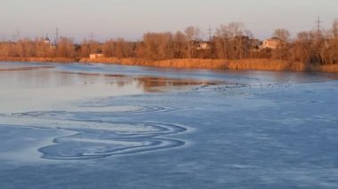 Nehirdeki buz. Nehirli kış manzarası. Kıyıda su ve sazlıklar. Kışın sudaki yansıma