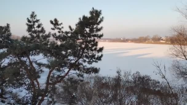 Яркий Зимний Пейзаж Замерзшая Река Закате — стоковое видео