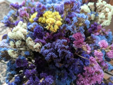 Parlak bir buket çiçek. Kuru renkli çiçekler. Buket stajı. Kermek çiçekleri