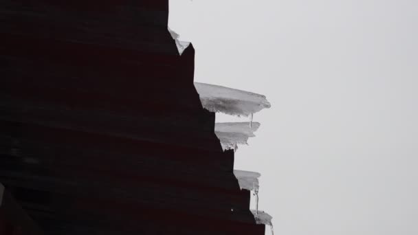 Сосульки Крыше Тают Снег Лед Сосульки Капают Весенние Капли — стоковое видео