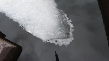 Buz suda yüzer. Bulutlar buz kütleli suya yansıyor. Buz nehirde erir. Buzda çatlaklar var. Buz ve su sınırı buz parçaları üst görüş rotasyonunu bozar, donmuş göl. Yüksek kalite 4k görüntü