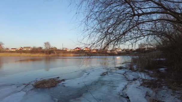 Hermosa Noche Invierno Río Islandia Imágenes Aéreas Invierno Del Río — Vídeos de Stock