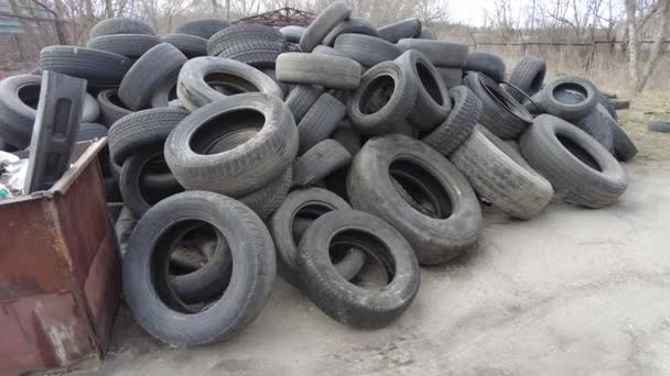 Mountain Old Tires Dump Used Wheels Industrial Landfill Processing Waste — 비디오