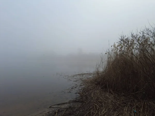 thick fog on the river. water in the fog. landscape with water and fog.