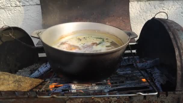 Cocinar Una Olla Fuego Primavera Sopa Pescado Rojo Sombrero Negro — Vídeos de Stock