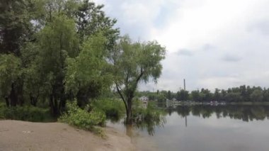 Kum ve suyla kaplı bir manzara. Ağaçların yansıması. Yağmurdan önce bulutlu hava.