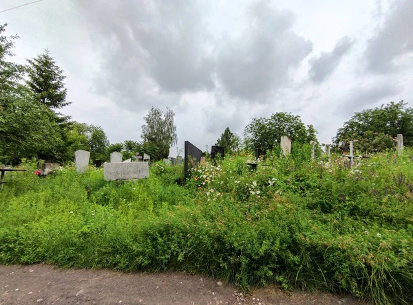 Старі Зарослі Могили Старе Кладовище Пам Ятники Хрести Могилах — стокове фото