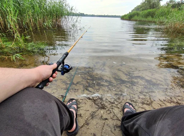 Pesca Vara Pesca Água Pescador Costa — Fotografia de Stock