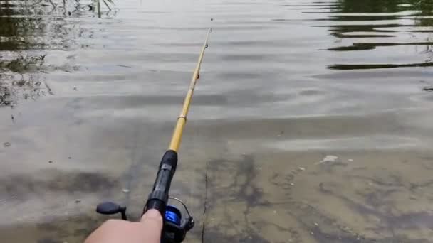 Vissen Hengel Water Visser Aan Kust — Stockvideo