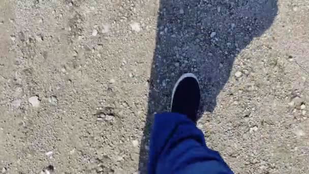 Pernas Masculinas Estão Andando Longo Estrada Sapatos Masculinos Jeans Azuis — Vídeo de Stock