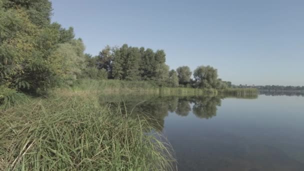 Vackert Morgonlandskap Med Flod Båt Vattnet Fiskare Viken Genomskinlig Flod — Stockvideo