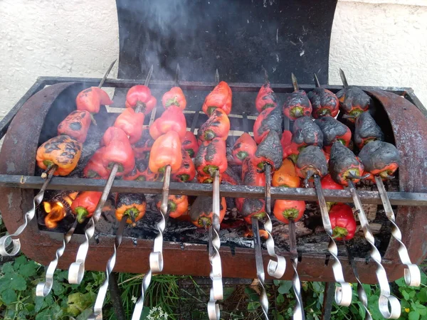 Sült Zöldség Grillezett Zöldség Főzés Élelmiszer Lángokban — Stock Fotó