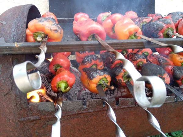 Sült Zöldség Grillezett Zöldség Főzés Élelmiszer Lángokban — Stock Fotó