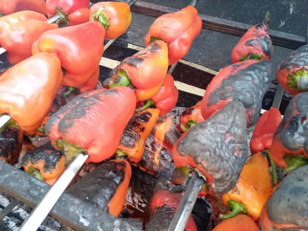 Sült Zöldség Grillezett Zöldség Főzés Élelmiszer Lángokban — Stock Fotó
