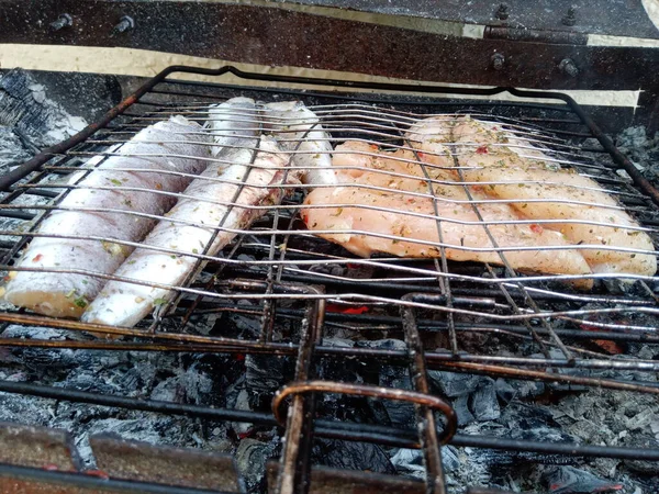 Poisson Viande Grillés Farine Charbon Bois — Photo