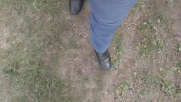男性腿 蓝色牛仔裤 黑色的鞋子沿着小路走 那个人走着 第一人称视图 4K视频 — 图库视频影像