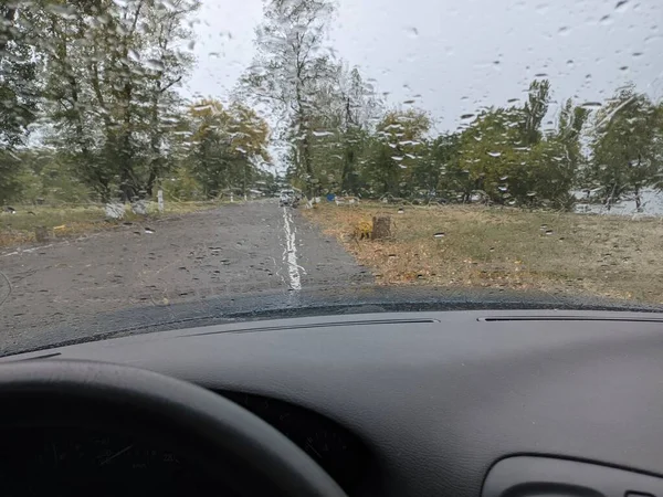 Regendruppels Het Glas Van Auto Auto Regen Auto Herfst Regen — Stockfoto