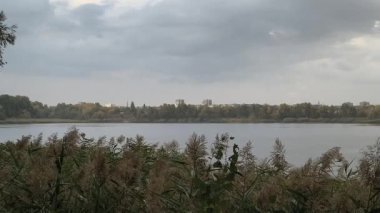 Su ve kasvetli gökyüzü manzarası. Mavi gökyüzünde manzaralı beyaz bulutlarla mükemmel derin mavi denizin üzerinde destansı bir uçuş. Uzakta görülen sonsuz ufuk. Suyun aktığı sakin nehir sahnesi.