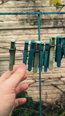 Clothespins on a clothesline. A person opens a clothespin with his fingers. Colorful clothespins hang together on an outdoor clothesline during the rain.